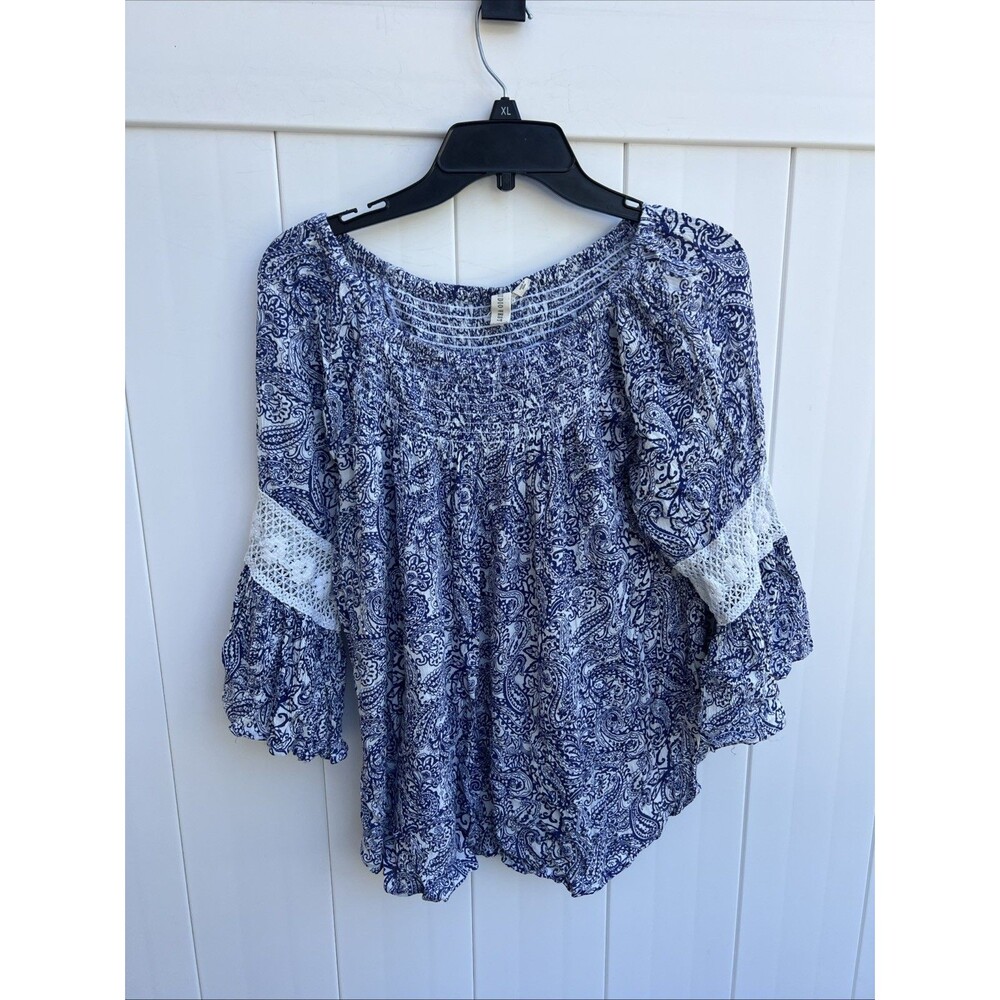 Studio West Top Womens Large Smocked Off Shoulder Boho Blue Lace